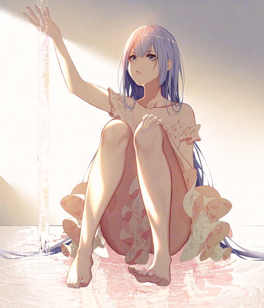 Anime picture 1500x1750 with original kisui single long hair tall image fringe light erotic hair between eyes sitting purple eyes bare shoulders payot blue hair full body bent knee (knees) parted lips barefoot arm up fingernails sunlight