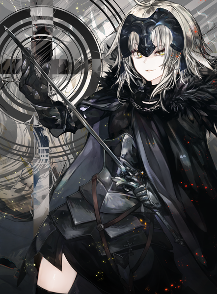 Anime picture 1000x1356 with fate (series) fate/grand order jeanne d'arc (fate) (all) jeanne d'arc alter (fate) kusakanmuri single tall image looking at viewer short hair blonde hair standing holding yellow eyes fur trim girl weapon sword armor fur cape