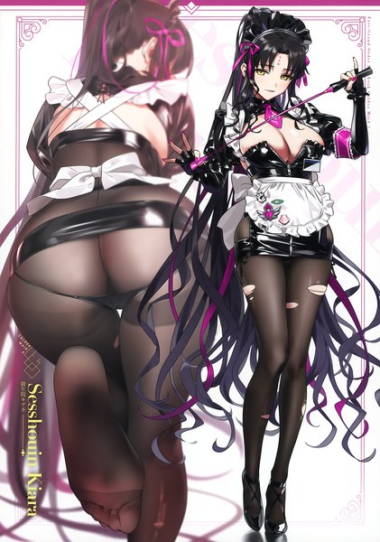 Anime picture 2528x3600 with fate (series) fate/grand order sesshouin kiara yd (orange maru) tall image looking at viewer fringe highres breasts light erotic black hair simple background large breasts standing white background holding yellow eyes full body ass ponytail