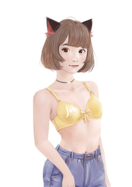 Anime picture 1920x2716 with original hana (jubi) jubi (regiana) single tall image looking at viewer fringe highres short hair light erotic simple background brown hair white background bare shoulders brown eyes signed animal ears upper body blunt bangs light smile