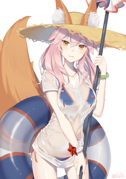 Anime picture 705x1000 with fate (series) fate/grand order fate/extra tamamo (fate) (all) tamamo no mae (swimsuit lancer) (fate) you06 single long hair tall image looking at viewer blush fringe light erotic simple background smile hair between eyes standing white background twintails holding