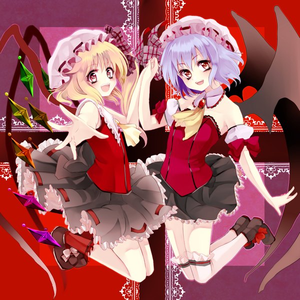 Anime picture 1681x1681 with touhou flandre scarlet remilia scarlet kurabayashi short hair open mouth blonde hair red eyes multiple girls purple hair holding hands jumping bat wings girl thighhighs dress 2 girls white thighhighs wings bonnet