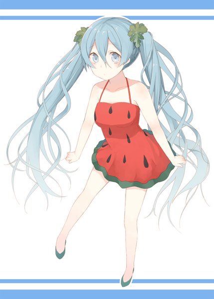 Anime picture 1255x1756 with vocaloid hatsune miku nagitoki single long hair tall image blush fringe hair between eyes standing white background twintails bare shoulders aqua eyes from above aqua hair food print watermelon print girl dress