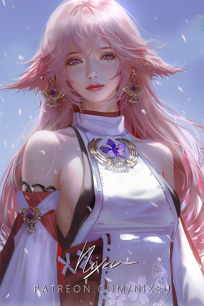 Anime-Bild 900x1350 mit genshin impact yae miko nixeu single long hair tall image looking at viewer fringe breasts hair between eyes purple eyes signed animal ears pink hair upper body traditional clothes head tilt japanese clothes lips realistic