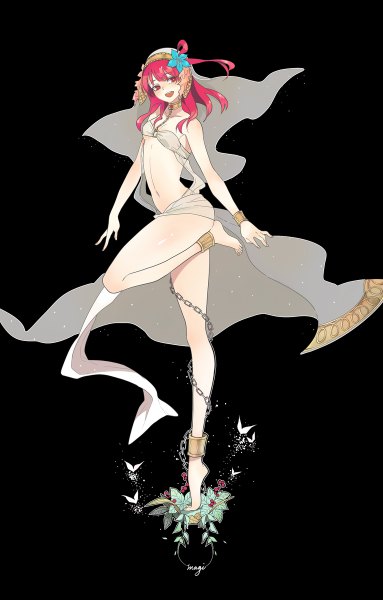 Anime picture 766x1200 with magi the labyrinth of magic a-1 pictures morgiana eyokiki single long hair tall image blush open mouth light erotic simple background looking away pink hair full body bent knee (knees) pink eyes one side up black background leg lift (legs lift) dancing
