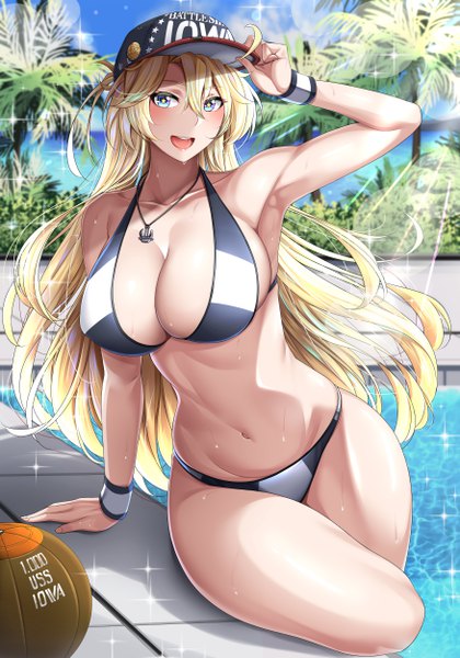 Anime picture 3500x5000 with kantai collection iowa (kantai collection) obei teitoku single long hair tall image looking at viewer blush fringe highres breasts open mouth blue eyes light erotic blonde hair smile hair between eyes large breasts sitting payot