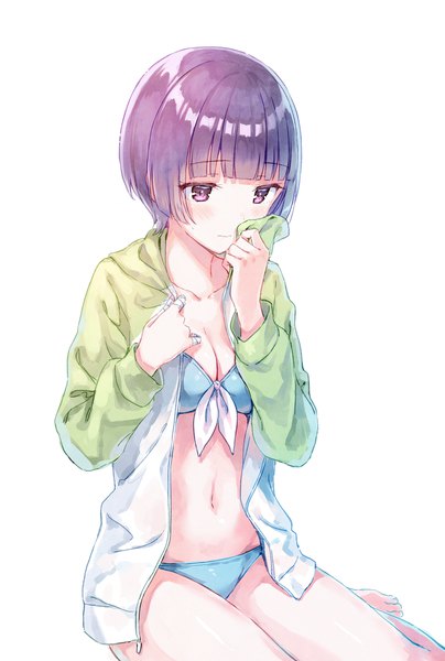 Anime picture 761x1129 with eromanga sensei a-1 pictures senju muramasa hiten (hitenkei) single tall image blush fringe short hair light erotic simple background white background sitting purple eyes cleavage purple hair blunt bangs open jacket front-tie top swimsuit under clothes