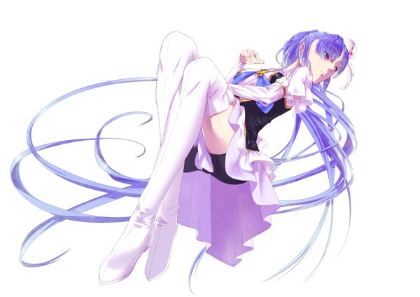 Anime picture 1412x1000 with precure happinesscharge precure! toei animation hikawa iona cure fortune totempole single long hair fringe simple background white background purple eyes twintails looking away purple hair lying girl detached sleeves boots thigh boots
