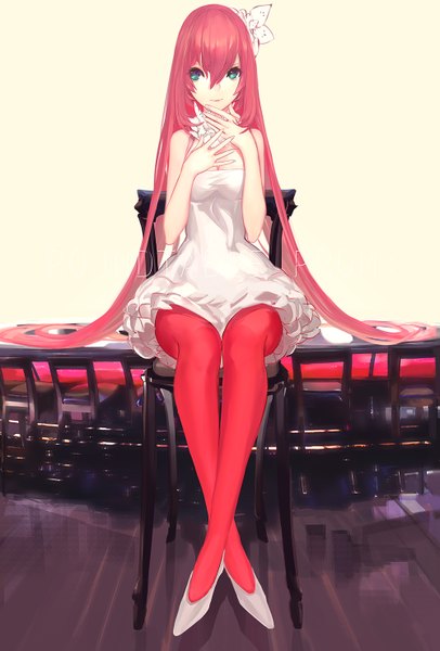 Anime picture 1000x1475 with vocaloid megurine luka kiwamu single tall image fringe breasts smile sitting bare shoulders looking away pink hair very long hair hair flower aqua eyes light smile alternate costume legs crossed legs girl