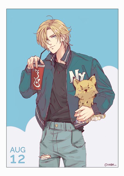 Anime picture 630x891 with banana fish mappa ash lynx 1o8k single tall image fringe short hair blue eyes blonde hair standing holding signed looking away hair over one eye open jacket twitter username border boy jacket