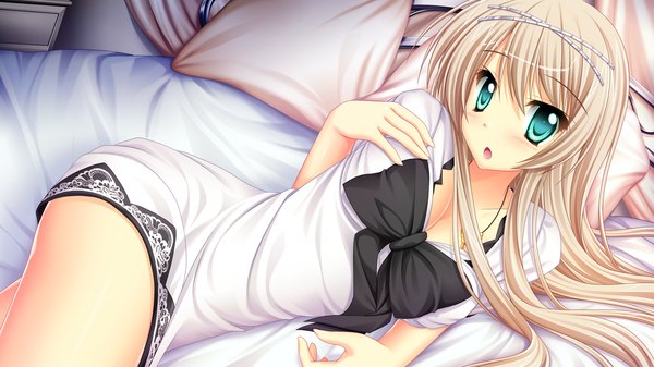 Anime picture 1280x720 with ima mo itsuka mo faluna luna autoire f artemis kamiya tomoe long hair open mouth blonde hair wide image green eyes game cg lying girl dress bow pillow