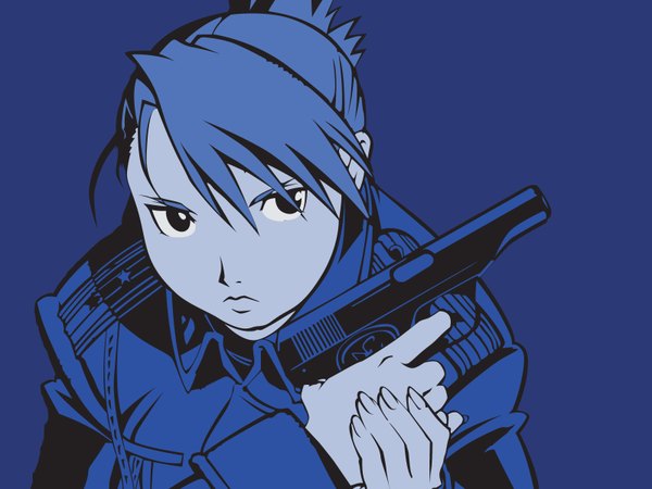 Anime picture 1600x1200 with fullmetal alchemist studio bones riza hawkeye short hair black eyes blue background girl uniform weapon gun military uniform pistol