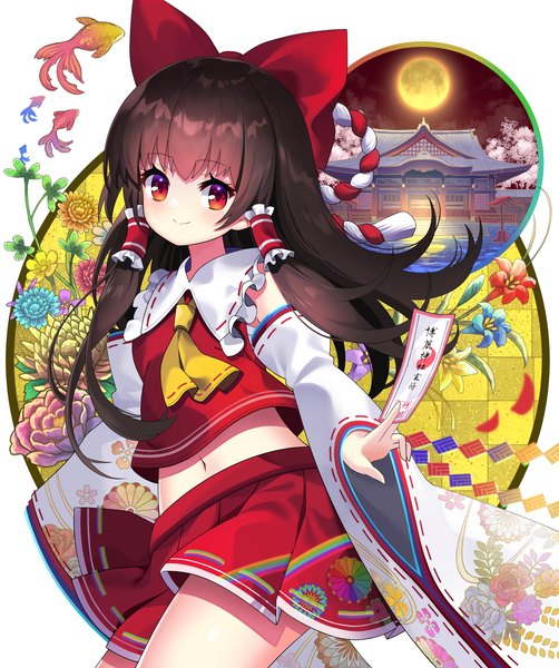 Anime picture 2960x3541 with touhou hakurei reimu yuujin (yuzinn333) single long hair tall image looking at viewer fringe highres smile hair between eyes red eyes brown hair traditional clothes japanese clothes pleated skirt nontraditional miko girl skirt flower (flowers)