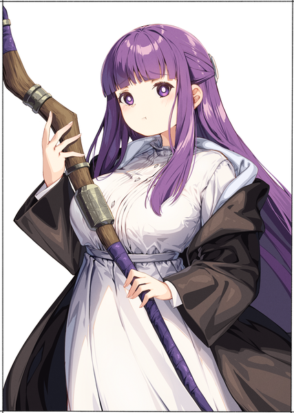 Anime picture 1300x1825 with sousou no frieren fern (sousou no frieren) kei (soundcross) single long hair tall image looking at viewer fringe simple background white background purple eyes purple hair blunt bangs half updo girl dress white dress staff