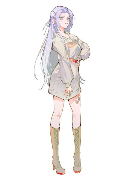 Anime picture 2480x3508 with fire emblem fire emblem: three houses nintendo edelgard von hresvelg mo (ine mao) single long hair tall image looking at viewer highres simple background standing white background purple eyes looking away silver hair tattoo high heels hand on hip girl