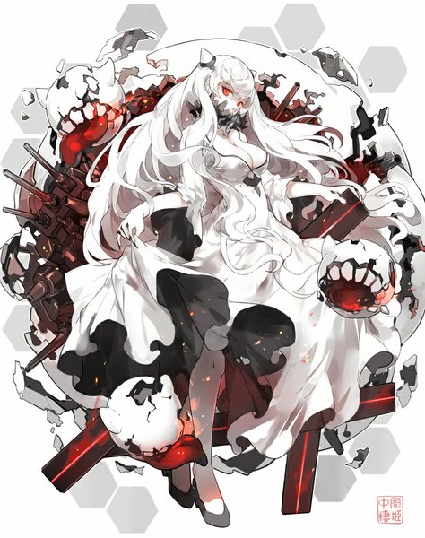 Anime picture 790x1000 with kantai collection midway hime nine (liuyuhao1992) single long hair tall image looking at viewer breasts red eyes cleavage white hair horn (horns) fingernails teeth character names long fingernails dress lift white skin shinkaisei-kan girl