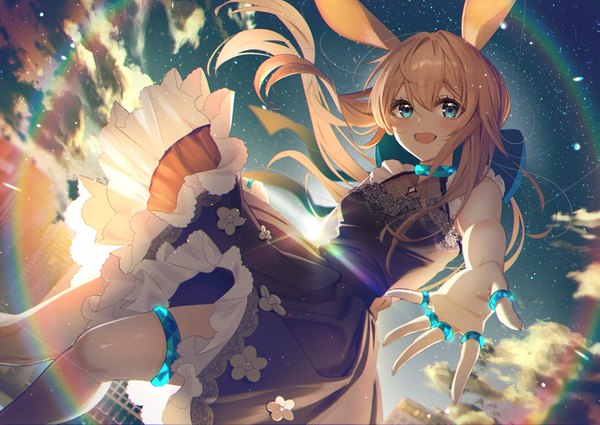 Anime picture 3541x2508 with arknights amiya (arknights) sallyzaemon single long hair looking at viewer fringe highres open mouth blue eyes hair between eyes brown hair animal ears absurdres sky cloud (clouds) :d bunny ears outstretched hand girl