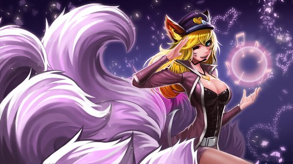 Anime picture 1920x1080 with league of legends ahri (league of legends) popstar ahri (league of legends) goomrrat single long hair looking at viewer highres breasts blue eyes blonde hair smile wide image animal ears tail one eye closed wink magic facial mark multiple tails