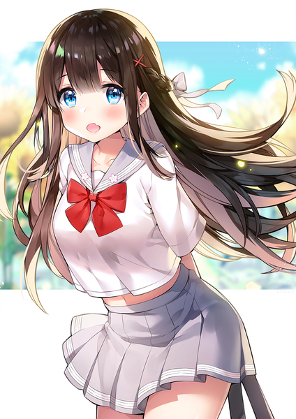 Anime picture 900x1273 with original miyawaki sana ayami (annahibi) single long hair tall image looking at viewer blush fringe breasts open mouth blue eyes hair between eyes brown hair standing payot braid (braids) pleated skirt :o short sleeves