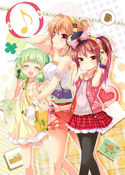 Anime picture 800x1113 with original porurin tall image looking at viewer blush smile red eyes twintails multiple girls holding brown eyes ahoge ponytail eyes closed green hair orange hair sleeveless plaid skirt wrist scrunchie hand on headphones