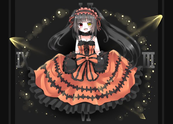 Anime picture 2300x1650 with date a live tokisaki kurumi yagi-san (wintersky) long hair looking at viewer blush highres open mouth black hair smile red eyes twintails bare shoulders yellow eyes cleavage heterochromia lolita fashion uneven twintails dress gloves