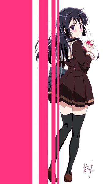 Anime picture 1150x2046 with hibike! euphonium kyoto animation kousaka reina nii manabu single long hair tall image looking at viewer blush black hair purple eyes signed full body from behind zettai ryouiki girl thighhighs uniform black thighhighs serafuku