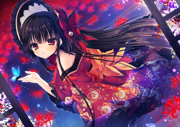 Anime picture 1032x728 with original rubi-sama single long hair looking at viewer blush open mouth black hair red eyes traditional clothes japanese clothes loli butterfly on hand girl flower (flowers) kimono insect butterfly bonnet higanbana