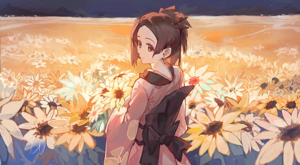 Anime picture 3812x2101 with samurai champloo fuu (samurai champloo) sentter single looking at viewer highres short hair brown hair wide image brown eyes absurdres outdoors ponytail long sleeves traditional clothes japanese clothes looking back from behind wide sleeves horizon