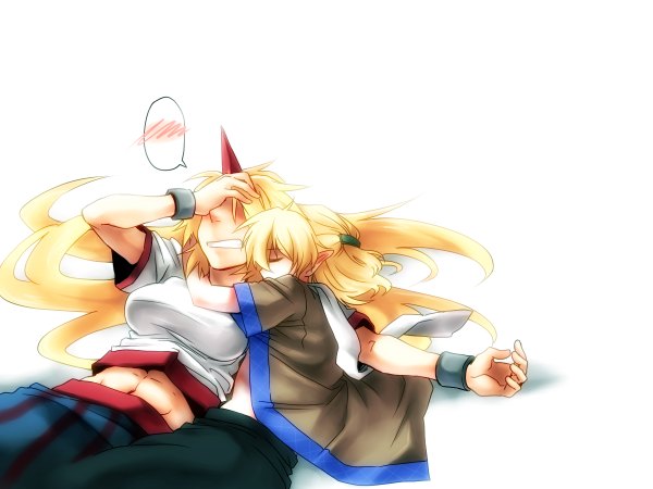 Anime picture 1200x900 with touhou mizuhashi parsee hoshiguma yuugi rex k blonde hair lying eyes closed horn (horns) from behind hug on side sleeping girl