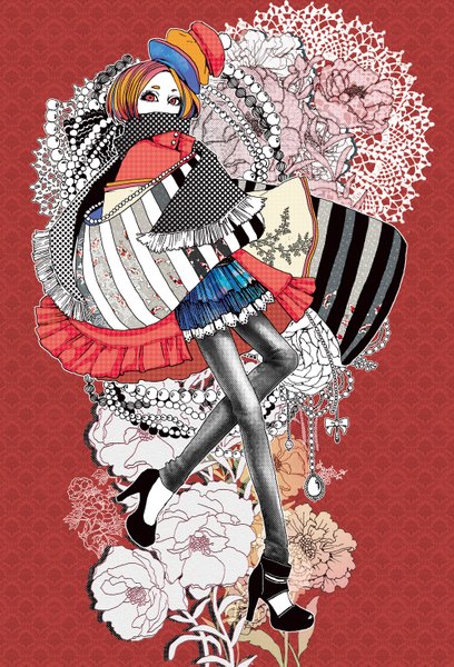 Anime picture 1000x1469 with original piyograph single tall image looking at viewer short hair red eyes multicolored hair high heels red background fashion girl flower (flowers) scarf beret beads jeans