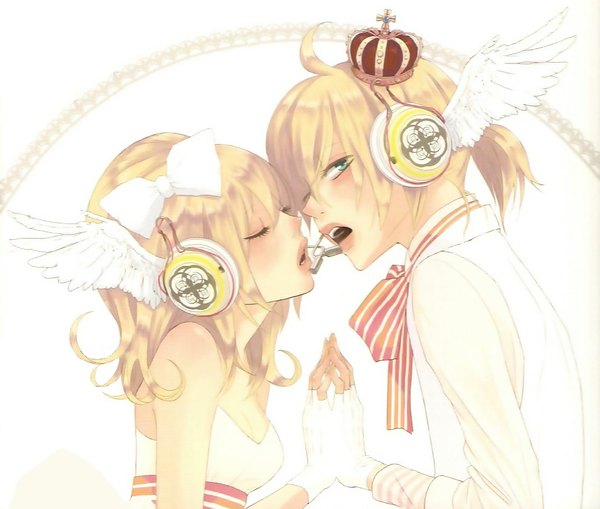 Anime picture 1073x911 with vocaloid kagamine rin kagamine len yunomi (yunomi imonuy) looking at viewer blush short hair open mouth blonde hair simple background white background eyes closed aqua eyes angel wings head wings singing girl dress boy gloves