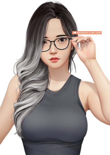 Anime picture 2480x3508 with real life adela pramestiayu (yuuchan) jubi (regiana) single tall image looking at viewer highres breasts black hair simple background white background signed grey hair black eyes mole lipstick portrait gradient hair girl glasses