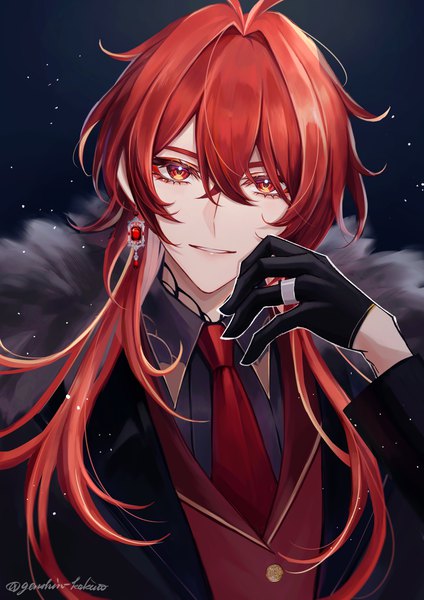 Anime picture 2894x4093 with genshin impact diluc ragnvindr genshin kakino single long hair tall image looking at viewer fringe highres smile hair between eyes red eyes signed upper body red hair twitter username boy gloves earrings black gloves