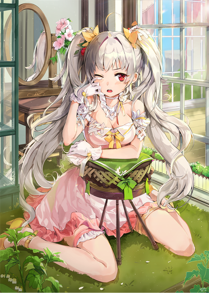 Anime picture 900x1261 with original bosack single long hair tall image breasts red eyes sitting twintails bare shoulders cleavage silver hair ahoge one eye closed high heels wariza reflection girl gloves flower (flowers)