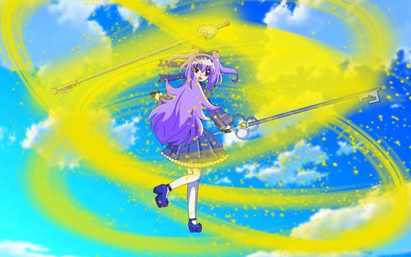 Anime picture 1920x1200 with kagihime monogatari eikyu alice rondo kirihara kiraha nanohamagica single long hair fringe highres open mouth hair between eyes red eyes standing holding sky purple hair cloud (clouds) full body looking back two side up puffy sleeves standing on one leg