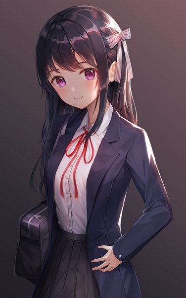 Anime picture 725x1157 with original lunacle single long hair tall image looking at viewer blush fringe black hair simple background smile standing purple eyes payot upper body long sleeves pleated skirt hand on hip gradient background girl