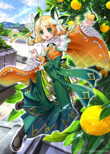 Anime picture 745x1044 with original sumomo kpa single long hair tall image looking at viewer open mouth blonde hair green eyes hair flower girl dress hair ornament flower (flowers) boots fruit orange (fruit)