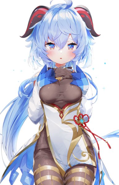 Anime picture 1000x1554 with genshin impact ganyu (genshin impact) kamioka shun'ya single long hair tall image looking at viewer blush fringe open mouth blue eyes simple background hair between eyes standing white background payot blue hair ahoge traditional clothes horn (horns)
