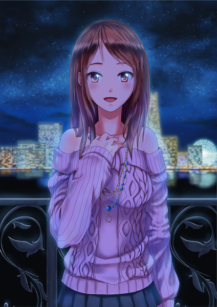 Anime picture 1684x2381 with original suzu-q single long hair tall image looking at viewer blush open mouth brown hair bare shoulders brown eyes city girl pendant sweater