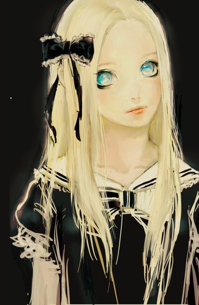 Anime picture 1536x2354 with original si (pixiv) single long hair tall image looking at viewer blush blonde hair aqua eyes black background lolita fashion girl bow hair bow