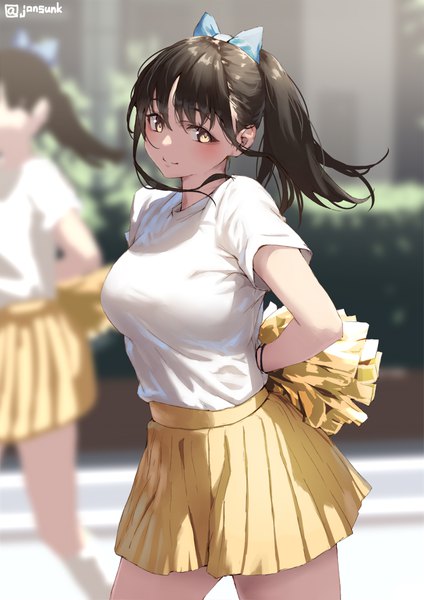 Anime picture 800x1131 with original jonsun long hair tall image looking at viewer blush fringe breasts light erotic smile hair between eyes brown hair large breasts standing multiple girls yellow eyes outdoors ponytail pleated skirt blurry