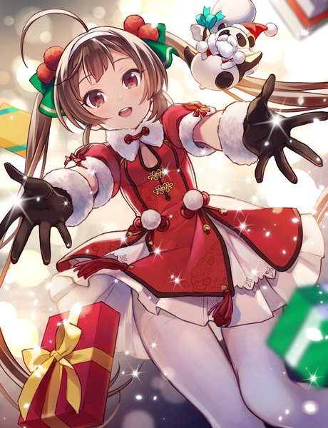 Anime picture 1500x1958 with azur lane ping hai (azur lane) yuko (uc yuk) single long hair tall image looking at viewer breasts open mouth smile brown hair twintails brown eyes ahoge sparkle short sleeves depth of field puffy sleeves fur trim outstretched arm
