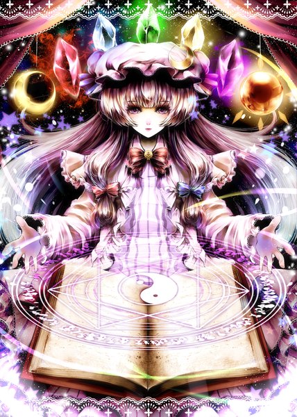 Anime picture 1000x1400 with touhou patchouli knowledge kotonoman single long hair tall image blush purple eyes purple hair magic spread arms crescent yin yang girl dress bow hair bow book (books) moon bonnet