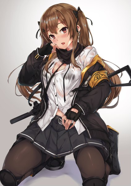 Anime picture 1767x2500 with girls frontline ump9 (girls frontline) maki (maki pei) single long hair tall image looking at viewer blush fringe highres breasts open mouth light erotic simple background hair between eyes red eyes brown hair twintails payot head tilt