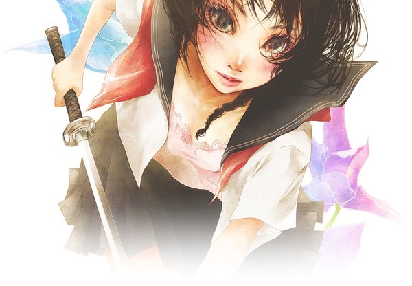 Anime-Bild 1280x889 mit original enta shiho blush black hair brown eyes open clothes girl uniform weapon sword serafuku katana camisole