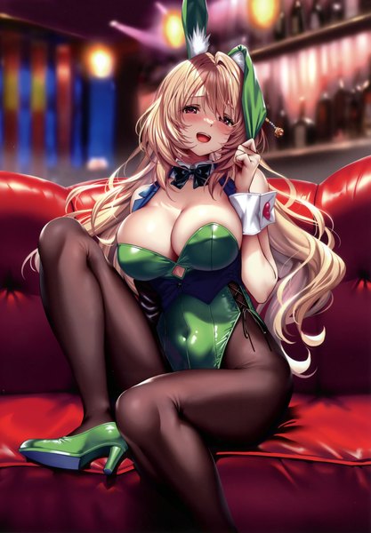 Anime picture 4203x6044 with hanikami kanojo hiiragi sano piromizu single long hair tall image looking at viewer blush fringe highres breasts open mouth light erotic blonde hair smile hair between eyes large breasts sitting animal ears absurdres