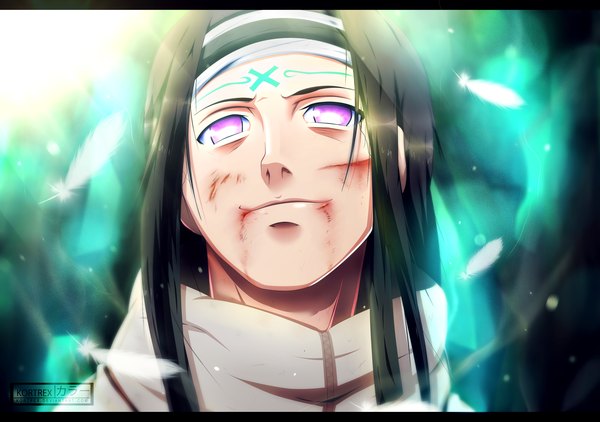 Anime picture 2549x1794 with naruto studio pierrot naruto (series) hyuuga neji kortrex single long hair highres black hair smile pink eyes sunlight tattoo coloring facial mark letterboxed boy blood feather (feathers) bandana
