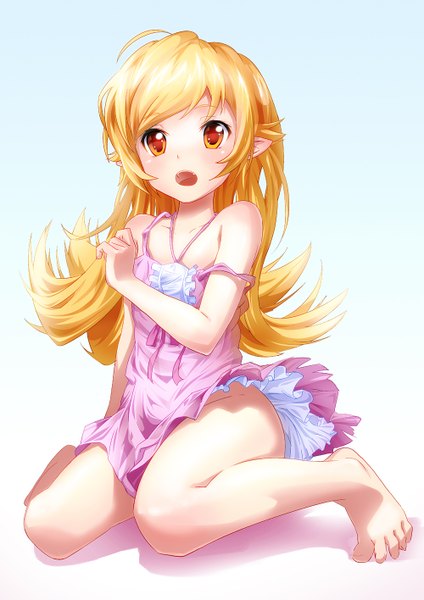 Anime picture 1000x1415 with bakemonogatari shaft (studio) monogatari (series) oshino shinobu bun150 single long hair tall image blush open mouth blonde hair yellow eyes barefoot pointy ears loli legs girl sundress