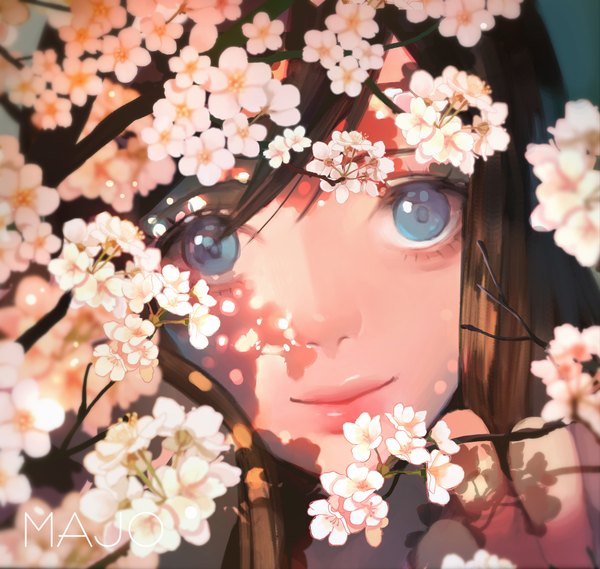 Anime picture 1920x1823 with original majo single long hair looking at viewer fringe highres blue eyes smile brown hair signed shadow cherry blossoms face girl
