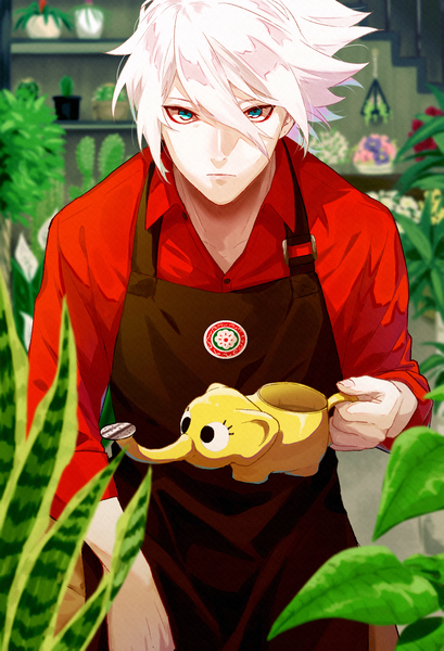 Anime picture 1542x2262 with fate (series) fate/apocrypha karna (fate) fuka (hk nemo) single tall image looking at viewer fringe short hair hair between eyes white hair aqua eyes leaning leaning forward expressionless boy uniform plant (plants) shirt apron